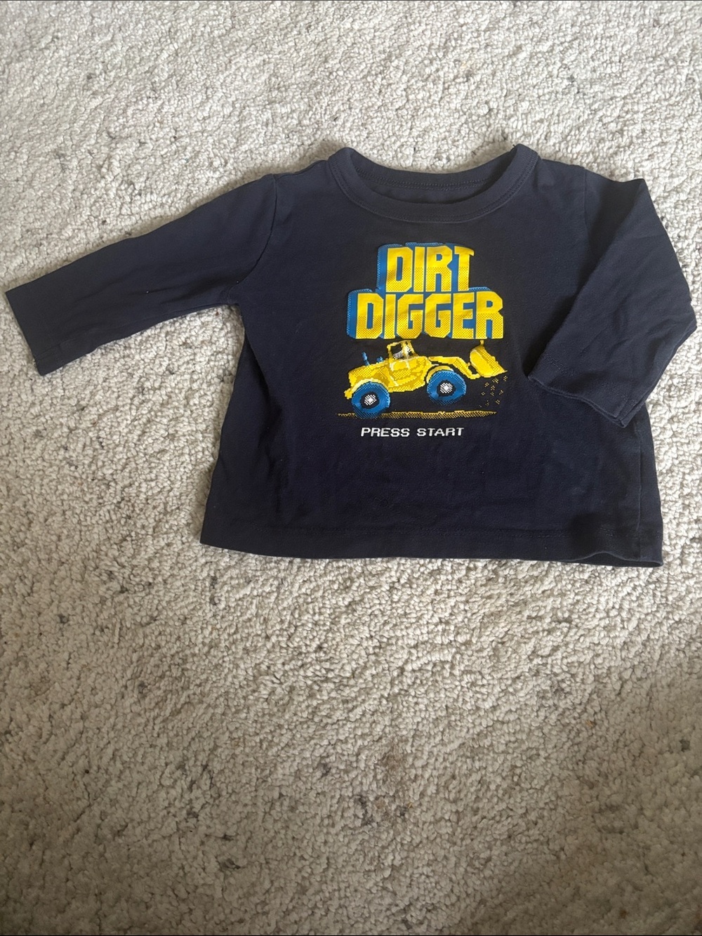 Oshkosh 9 Month "Dirt Digger" Navy Long Sleeve Tee with Yellow Truck Graphic
